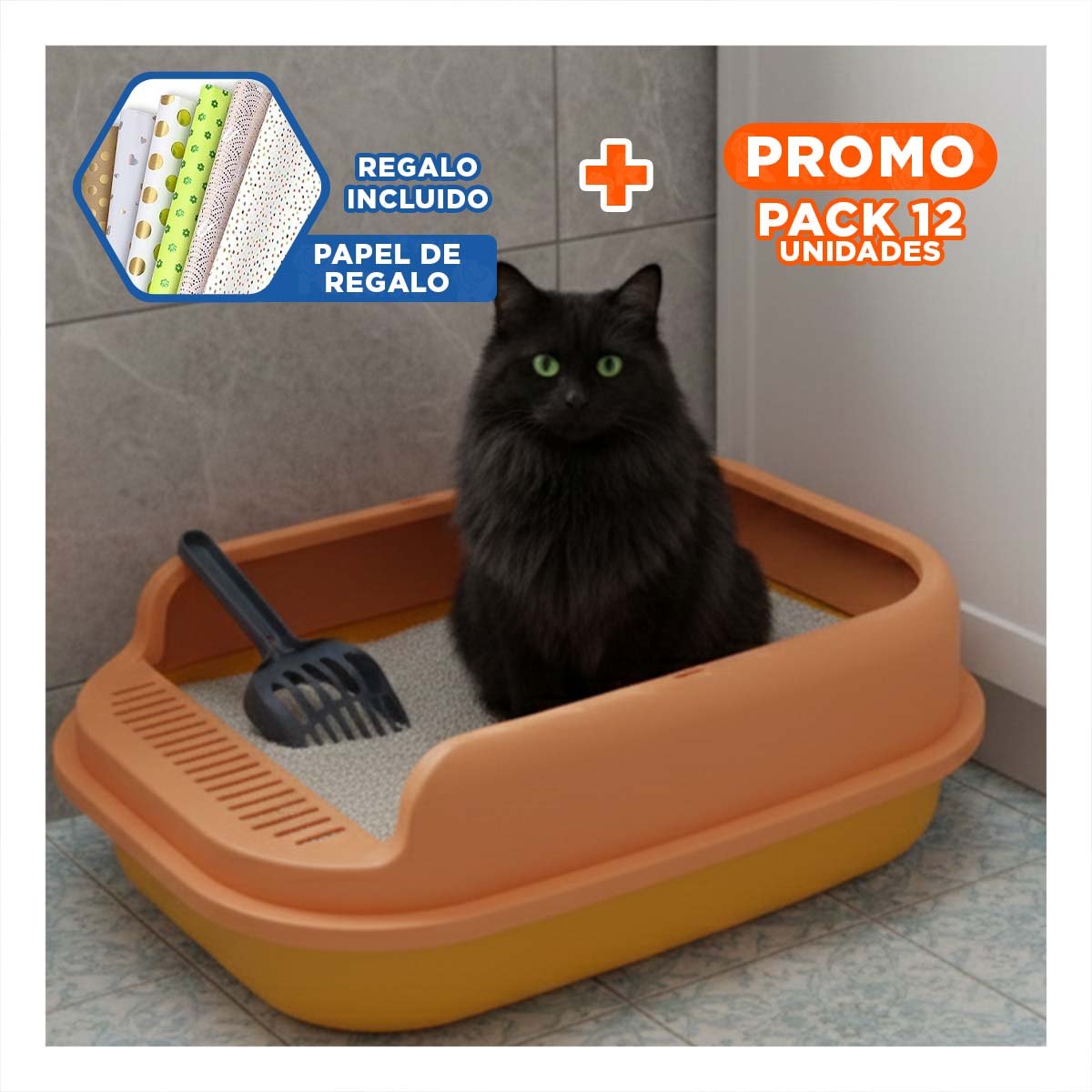 PACK12 CUBETA DE ARENA ABIERTA CON PALA CERNIDORA 51X36,5CM NARANJA Y+PAPEL REGALO - 1