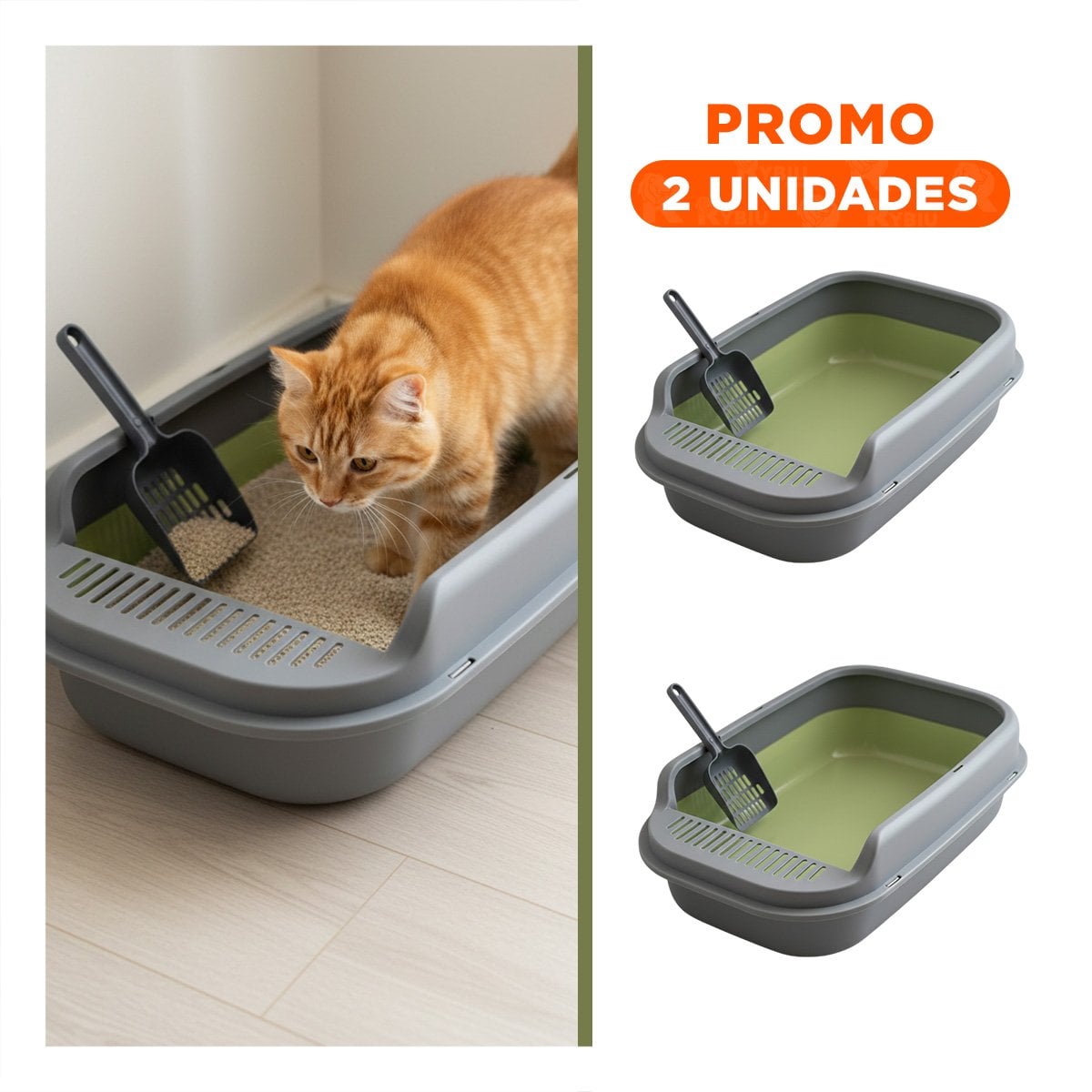 PACK2 CAJON SANITARIO ABIERTO PARA GATO 51X36,5CM VERDE Y PLOMO - 1