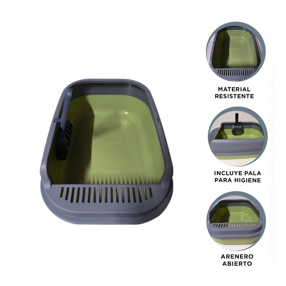 CONTENEDOR PRACTICO PARA ARENA DE GATO 51X36,5CM VERDE Y PLOMO Y+LIGAS REGALO - 3