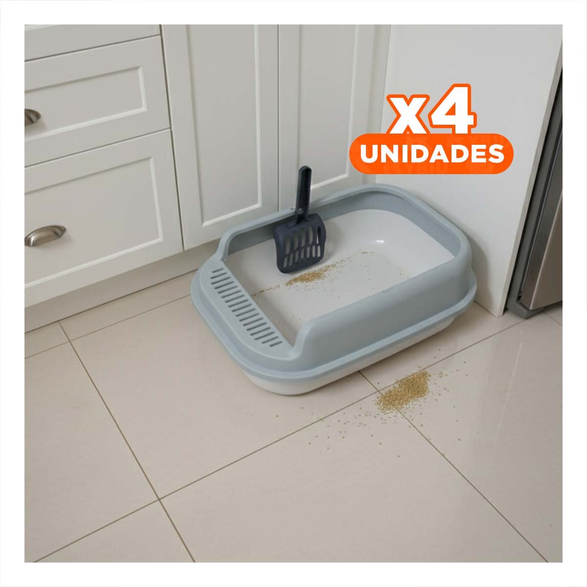 PACK4 CONTENEDOR AMPLIO PARA ARENA DE MASCOTA 51X36,5CM BLANCO Y PLOMO - 1