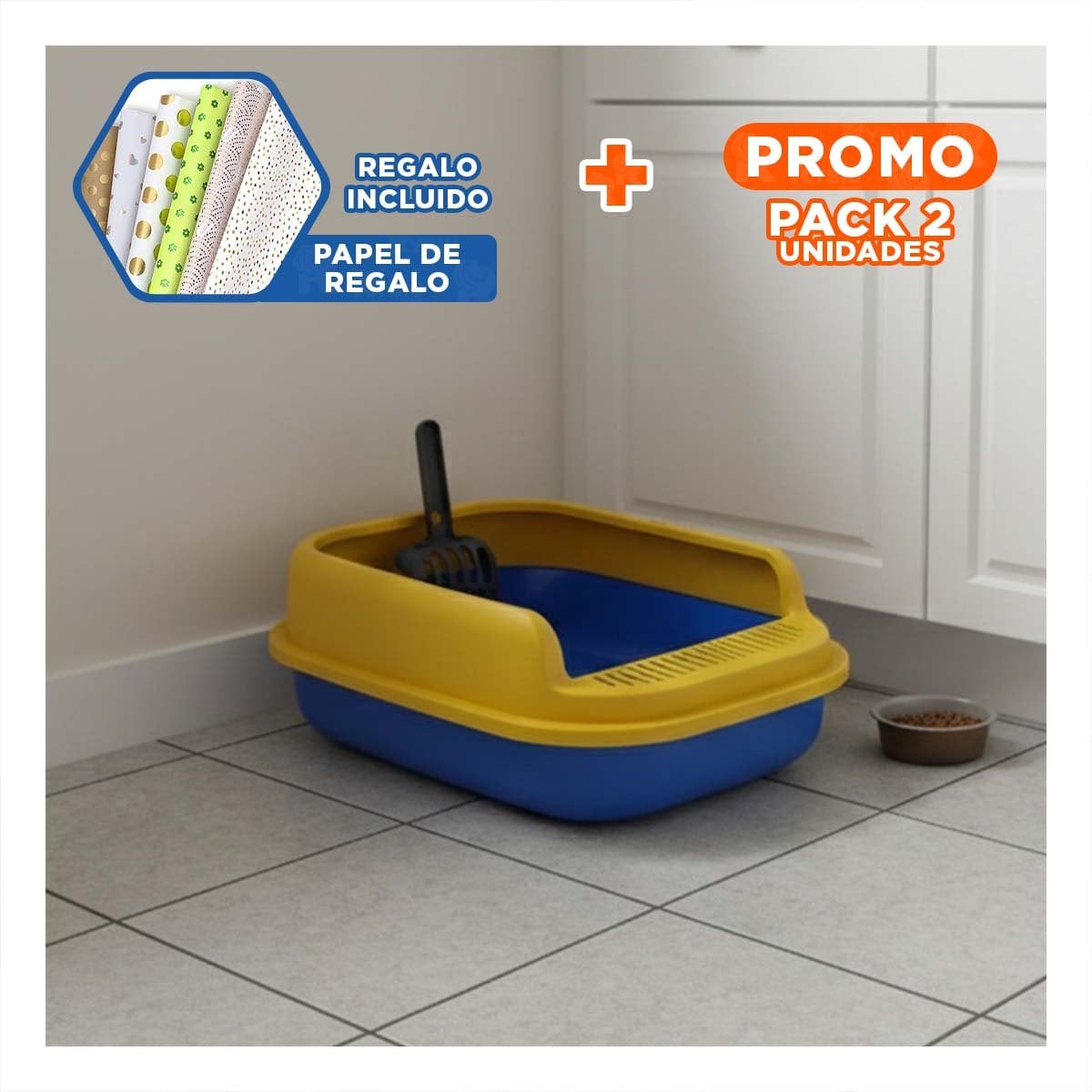 PACK2 BATEA HIGIENICA AMPLIA PARA GATO 51X36,5CM AZUL Y AMARILLO Y+PAPEL REGALO - 1