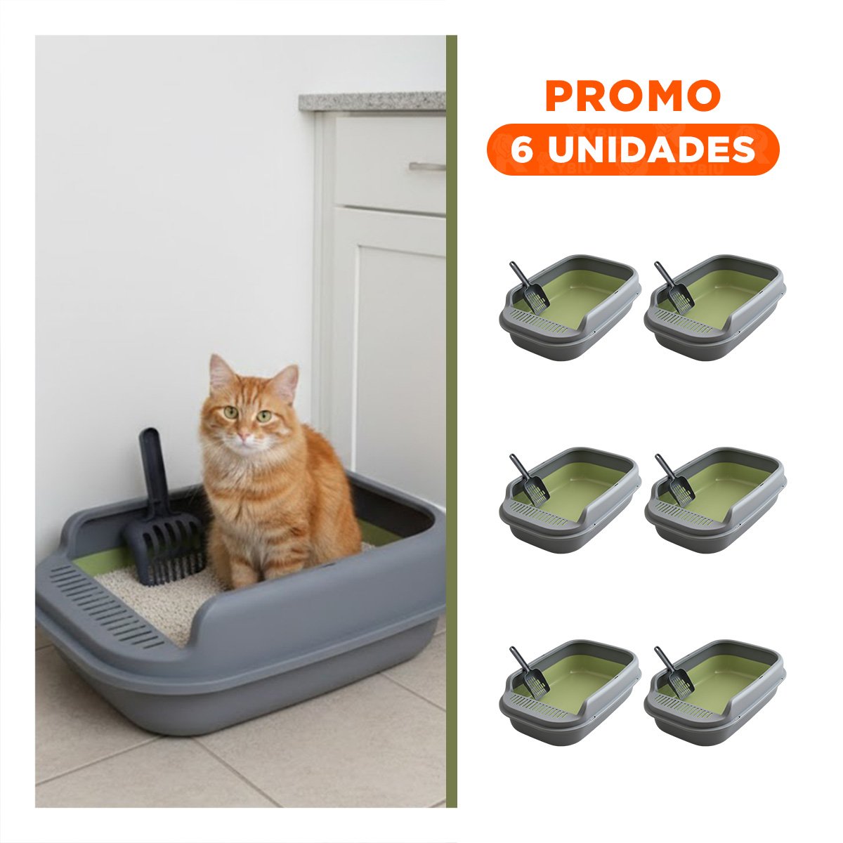 PACK6 CUBETA SANITARIA PARA GATO CON BASE FIRME 51X36,5CM VERDE Y PLOMO - 1