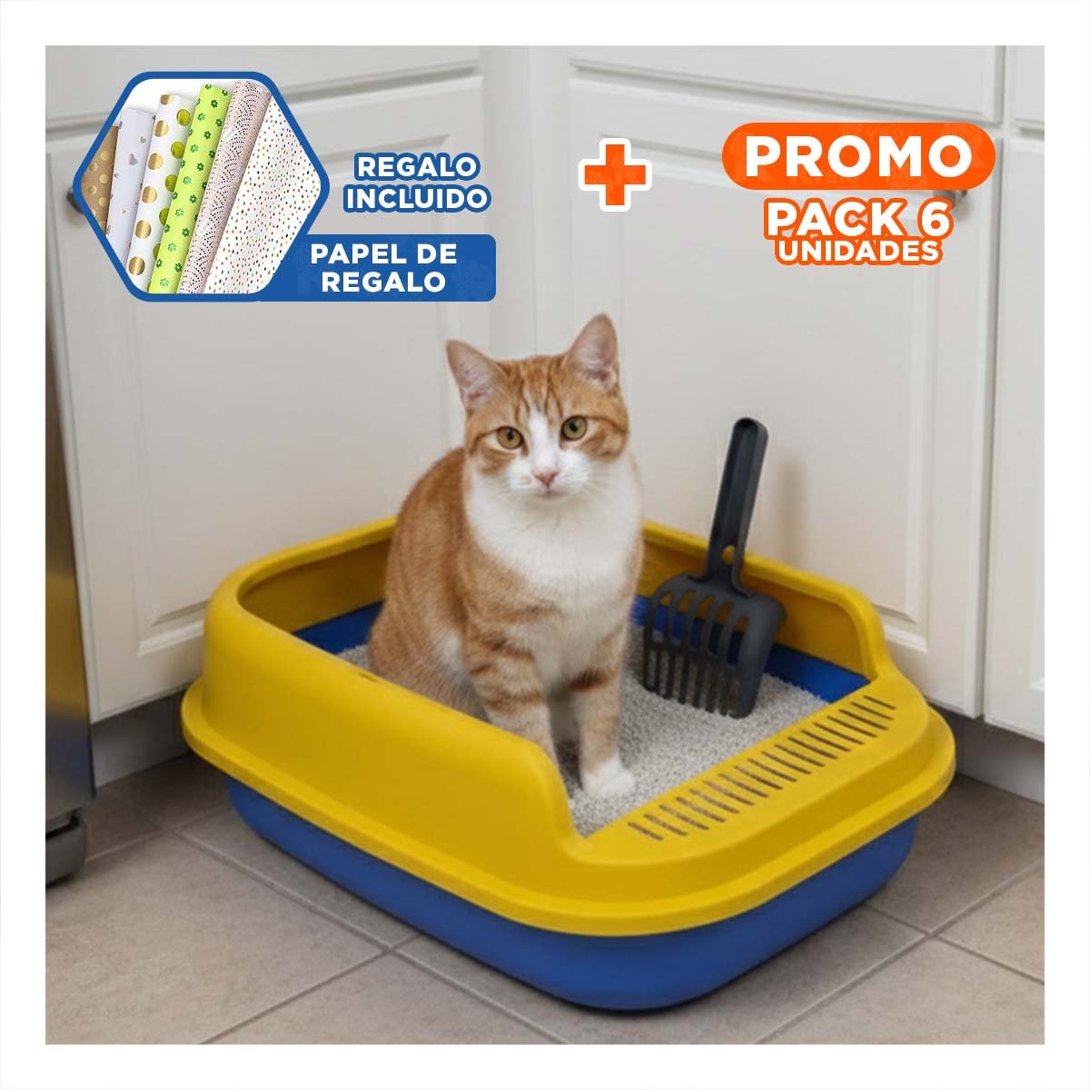 PACK6 CUBETA HIGIENICA AMPLIA PARA MASCOTA 51X36,5CM AZUL Y AMARILLO Y+PAPEL REGALO - 1