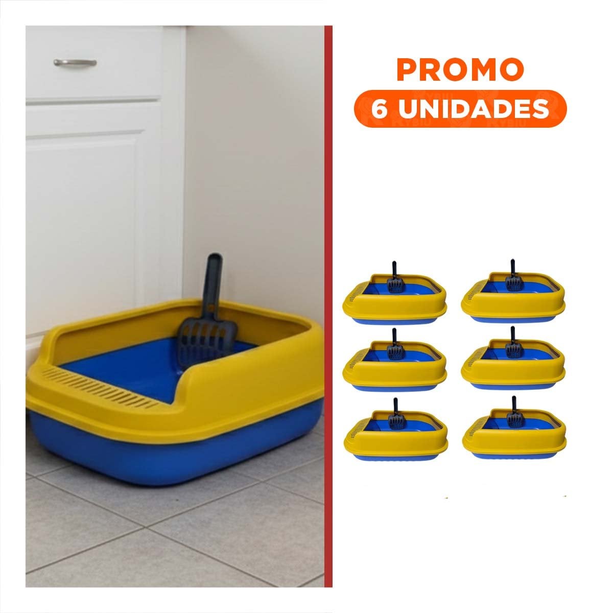 PACK6 CUBETA SANITARIA PARA GATO CON BASE FIRME 51X36,5CM AZUL Y AMARILLO - 1