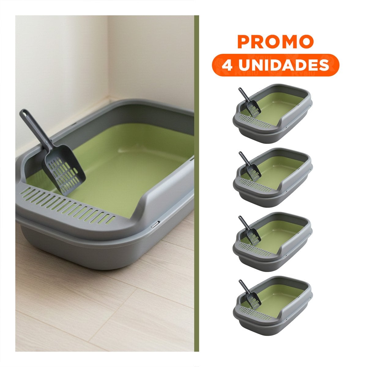 PACK4 CUBETA DE ARENA ABIERTA CON PALA CERNIDORA 51X36,5CM VERDE Y PLOMO Y+REGALO STICKER - 1