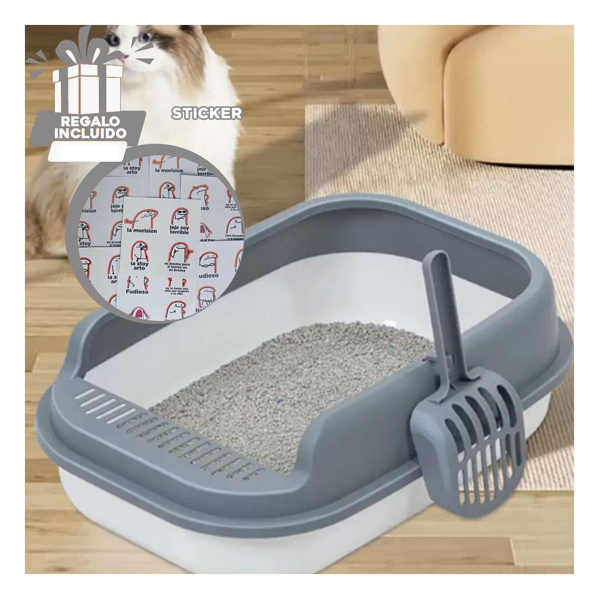 ARENERO HIGIENICO CON BORDES ALTOS 51X36,5CM BLANCO Y PLOMO Y+REGALO STICKER - 1