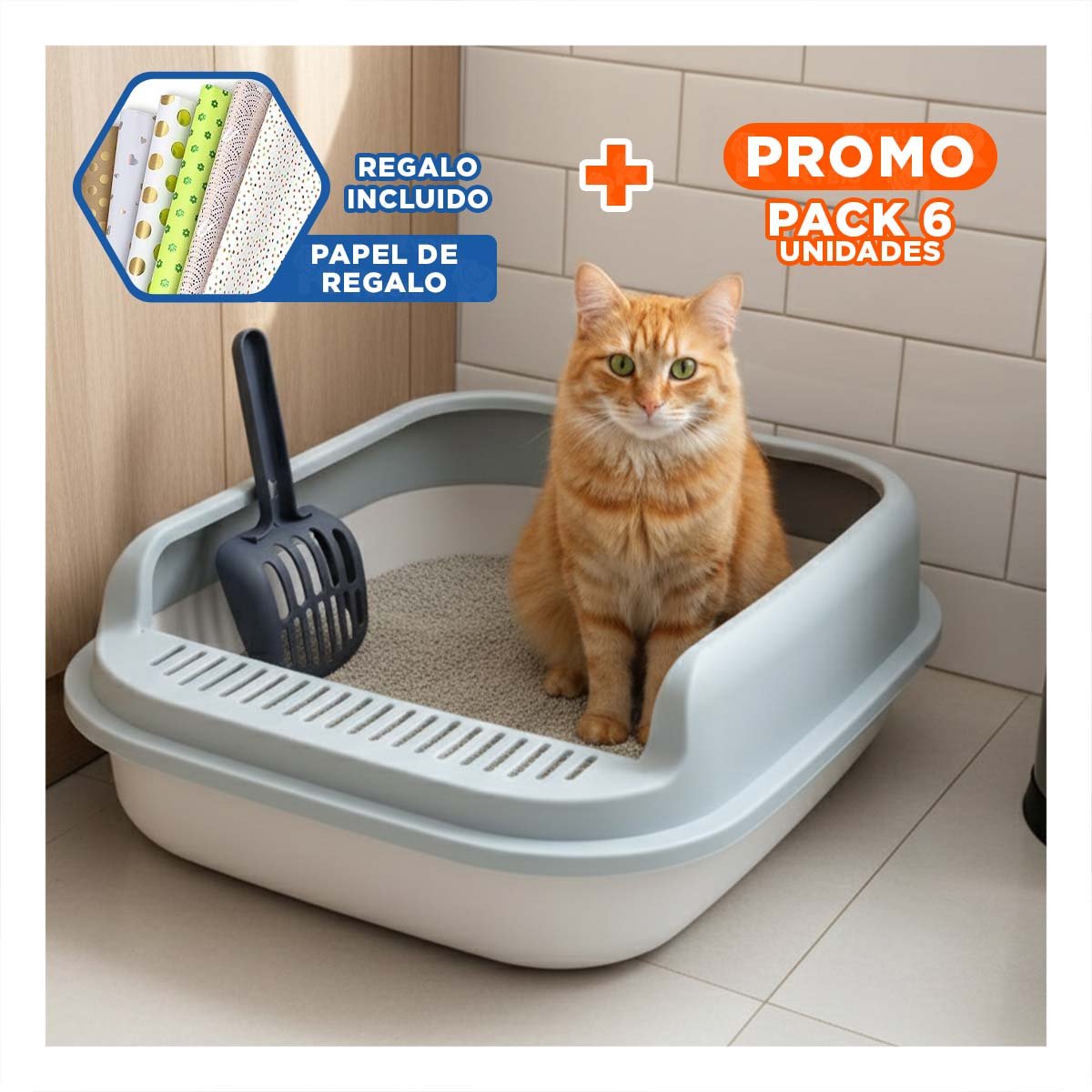 PACK6 CUBETA HIGIENICA AMPLIA PARA MASCOTA 51X36,5CM BLANCO Y PLOMO Y+PAPEL REGALO - 1