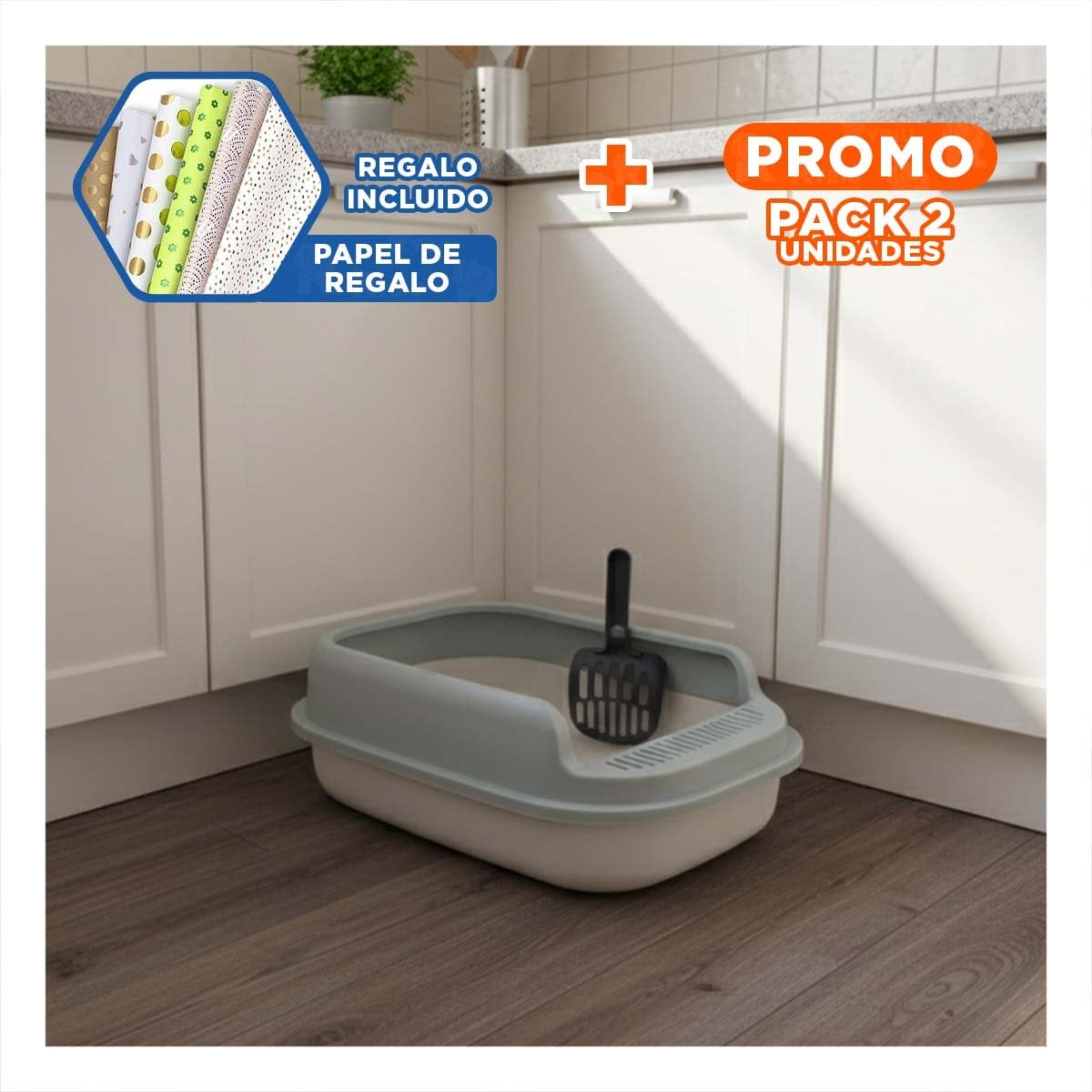 PACK2 CONTENEDOR SANITARIO PARA GATO DISENO MINIMALISTA 51X36,5CM BLANCO Y PLOMO Y+PAPEL REGALO - 1