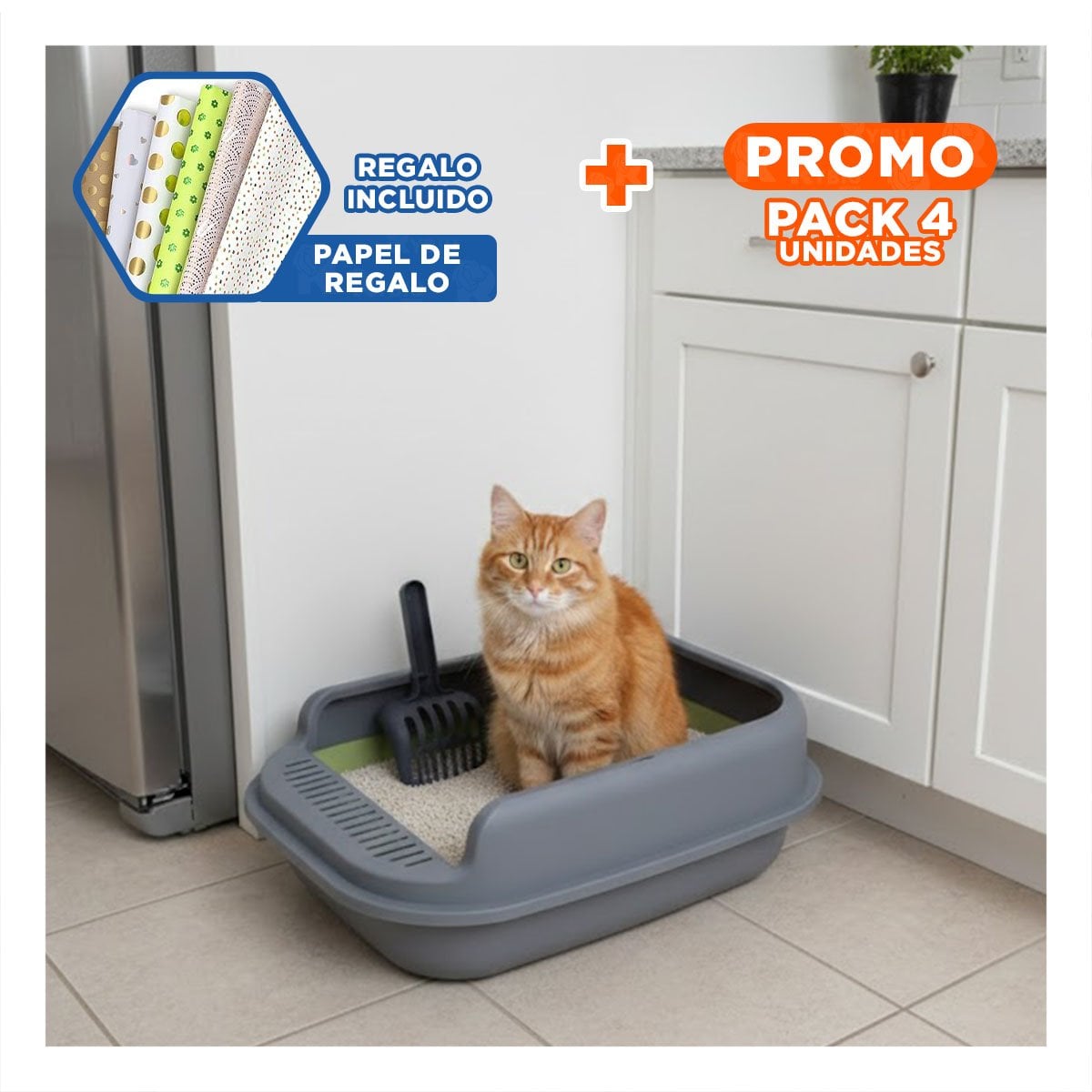 PACK4 CAJON ABIERTO PARA ARENA DE GATO 51X36,5CM VERDE Y PLOMO Y+PAPEL REGALO - 1