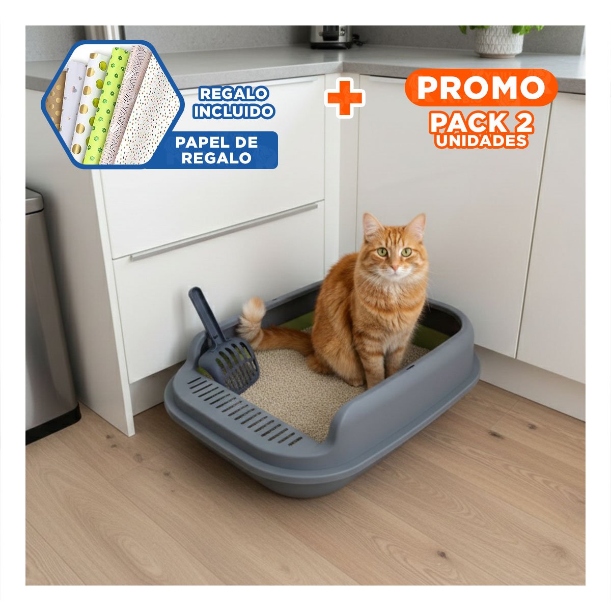 PACK2 CAJON HIGIENICO PARA GATO CON PALA 51X36,5CM VERDE Y PLOMO Y+PAPEL REGALO - 1