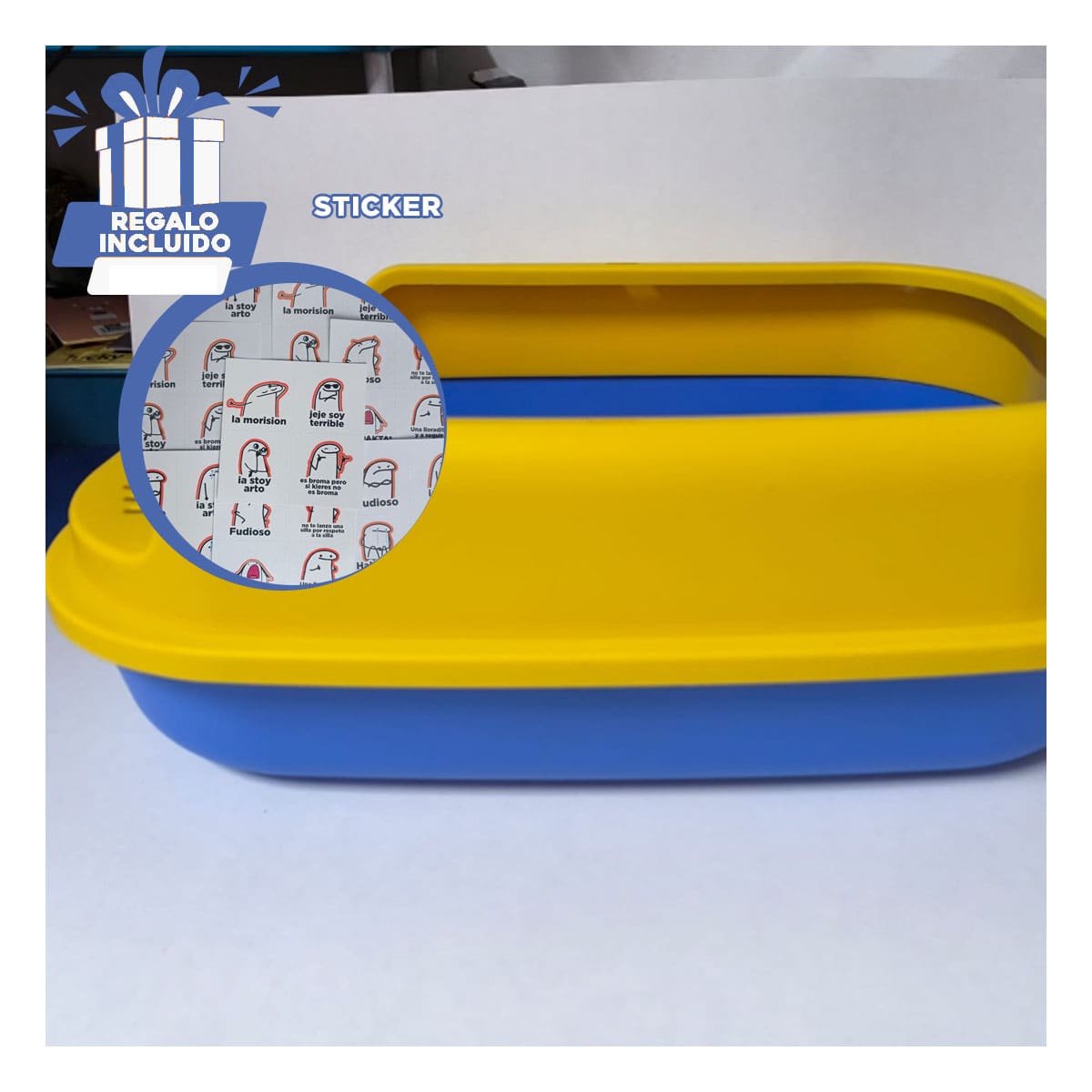 DEPOSITO SANITARIO CON BORDES ALTOS 51X36,5CM AZUL Y AMARILLO Y+REGALO STICKER - 1
