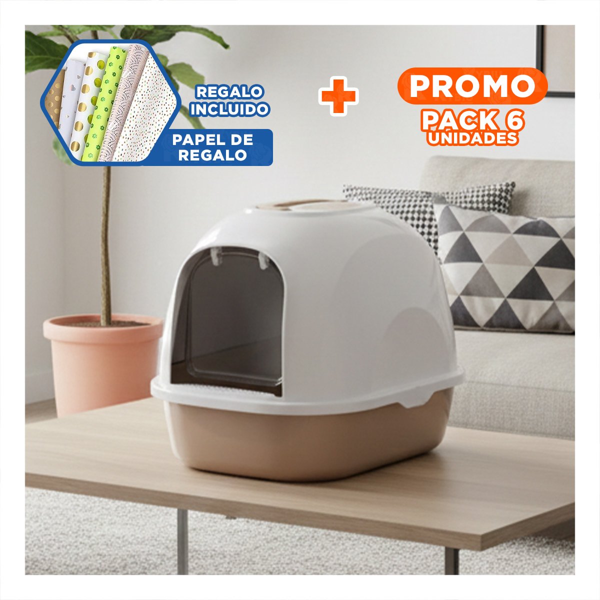 PACK6 SANITARIO PARA GATOS CON TAPA AJUSTABLE Y BASE ESTABLE CAFE Y+PAPEL REGALO - 1