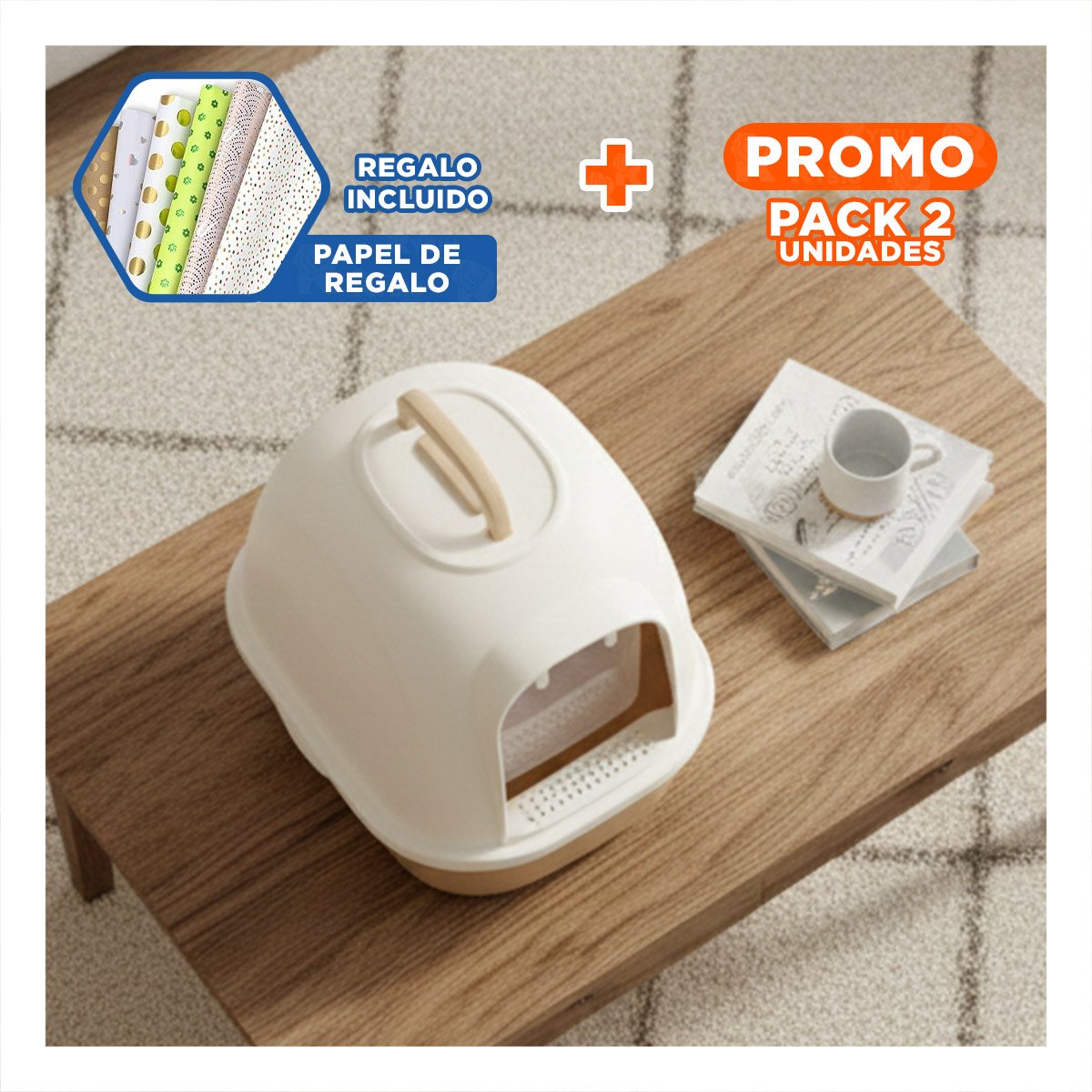 PACK2 RECIPIENTE CON ARENA CERRADO CON ACCESO FRONTAL AMPLIO MARRON CLARO Y+PAPEL REGALO - 1