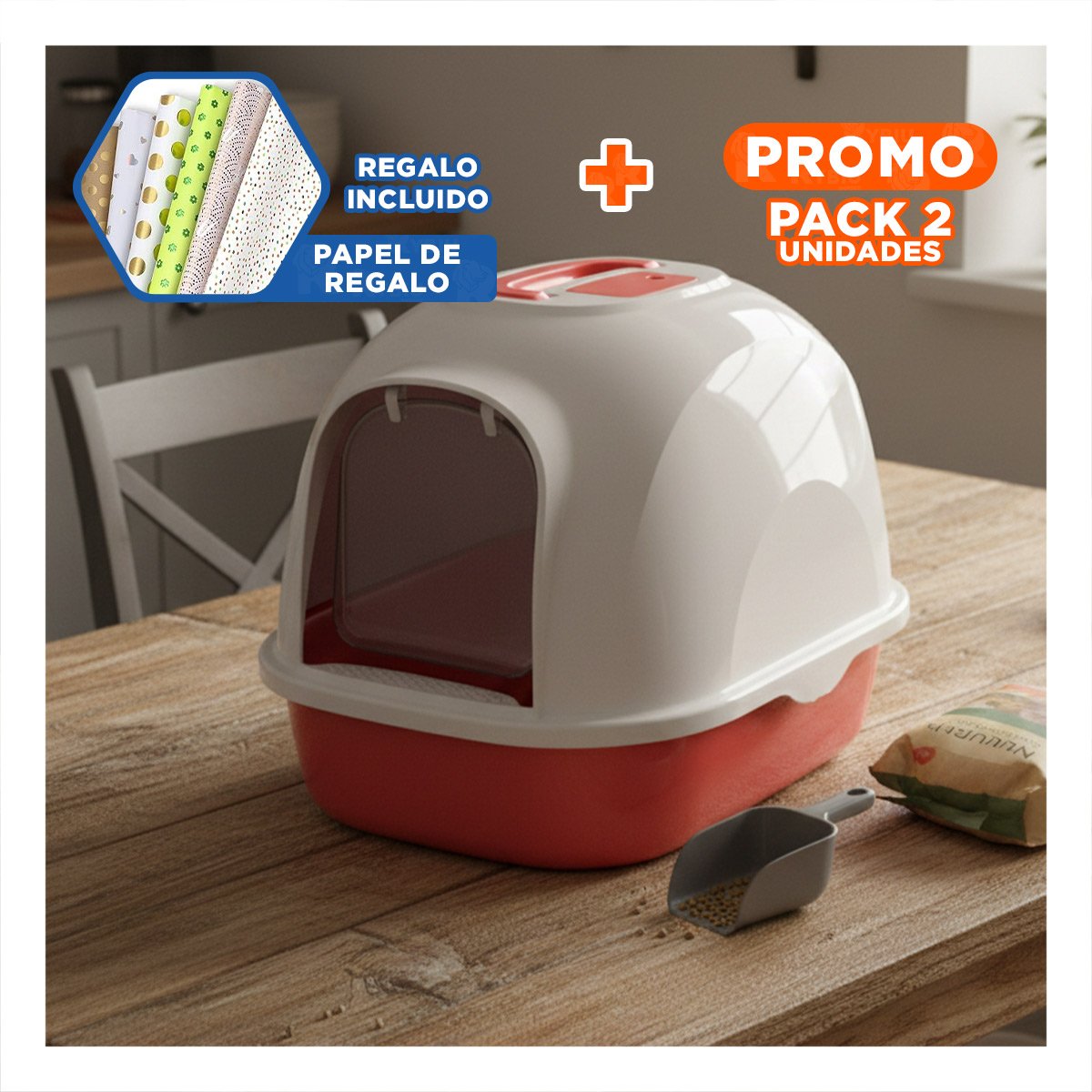 PACK2 CONTENEDOR DE ARENA CERRADO CON BASE AMPLIA Y ESTABLE CORAL Y+PAPEL REGALO - 1