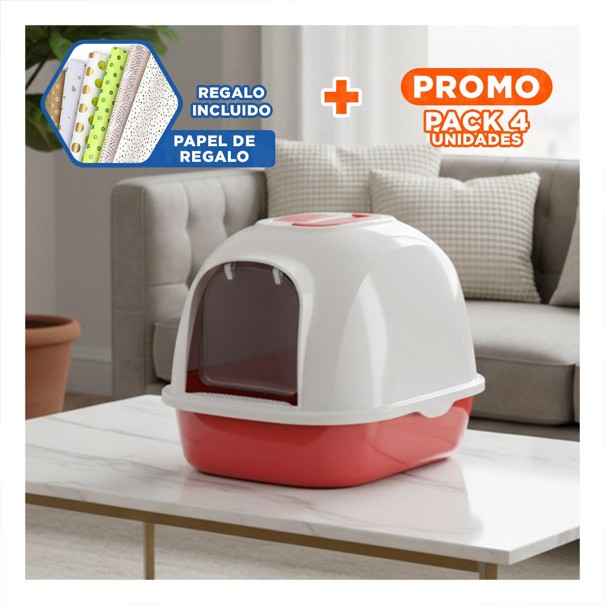 PACK4 CONTENEDOR DE ARENA FUNCIONAL PARA GATO EN INTERIOR CORAL Y+PAPEL REGALO - 1
