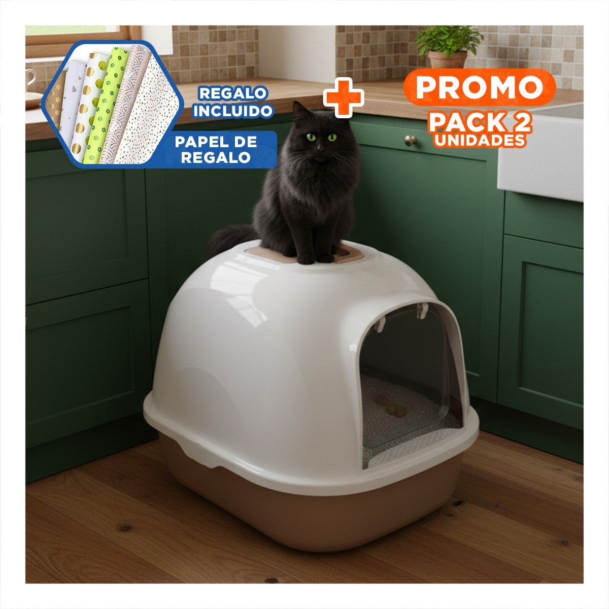 PACK2 CAJON DE ARENA AMPLIO CON ENTRADA COMODA PARA GATO CAFE Y+PAPEL REGALO - 1
