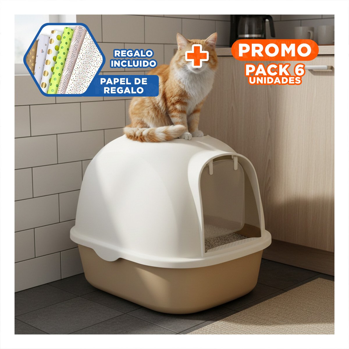 PACK6 SANITARIO PARA GATOS CON TAPA AJUSTABLE Y BASE ESTABLE MARRON CLARO Y+PAPEL REGALO - 1