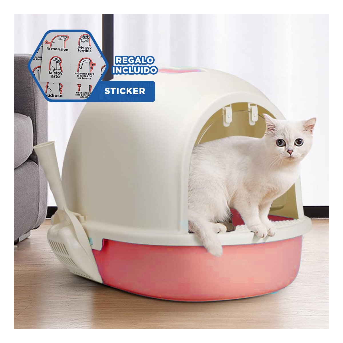 DEPOSITO DE ARENA SEGURO PARA GATO EN CASA CORAL Y+REGALO STICKER - 1