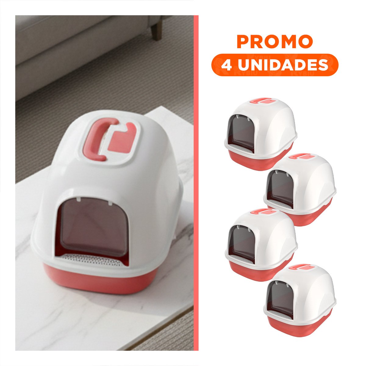 PACK4 RECIPIENTE CON ARENA TIPO CABINA PARA GATO EN CASA CORAL Y+REGALO STICKER - 1
