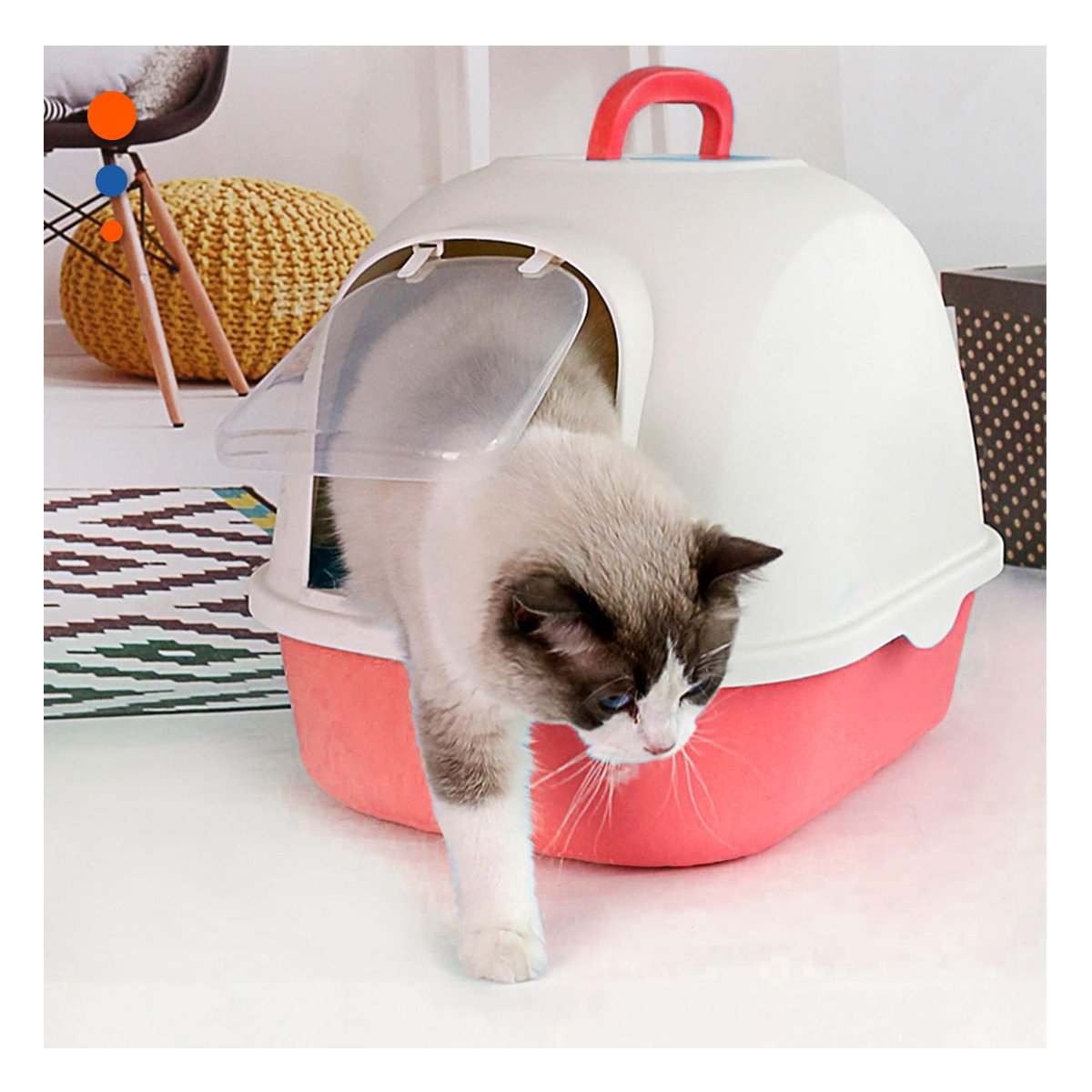 PACK4 RECIPIENTE CON ARENA TIPO CABINA PARA GATO EN CASA CORAL Y+REGALO STICKER - 5