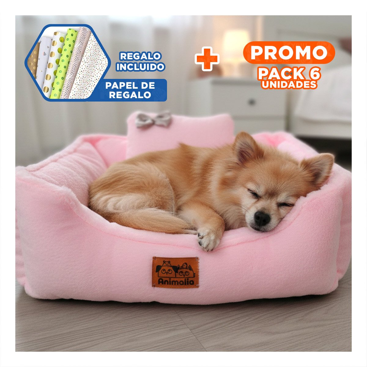PACK6 DESCANSO TIPO SOFA CANINO TALLA L ROSADO PELUCHE LAZO Y+PAPEL REGALO - 1