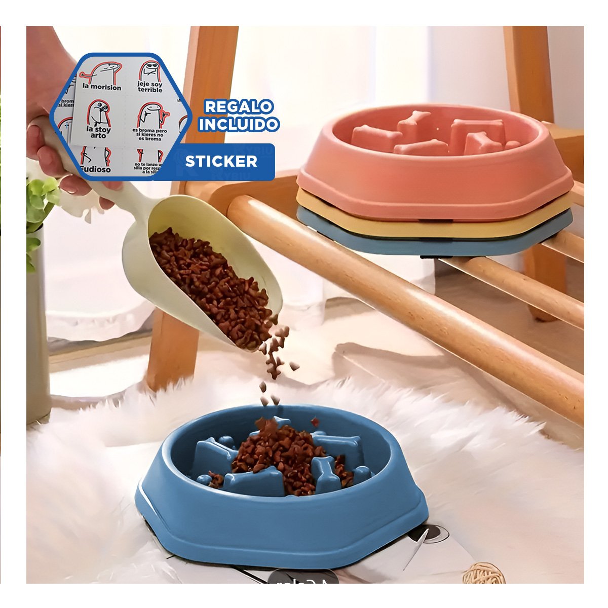 BANDEJA PARA JUGAR MIENTRAS SE ALIMENTA PET TIPO HUESITOS EXAGONAL AZUL Y+REGALO STICKER - 1