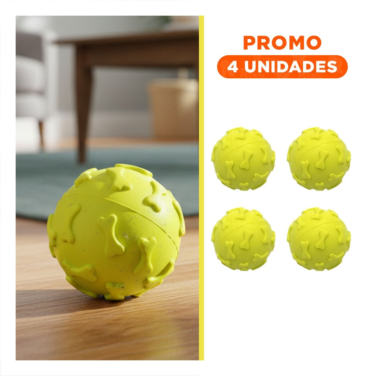 PACK4 ELEMENTO DE JUEGO ESFERICO CON HUESOS PARA PERRO VERDE LIMON Y+REGALO STICKER - 1