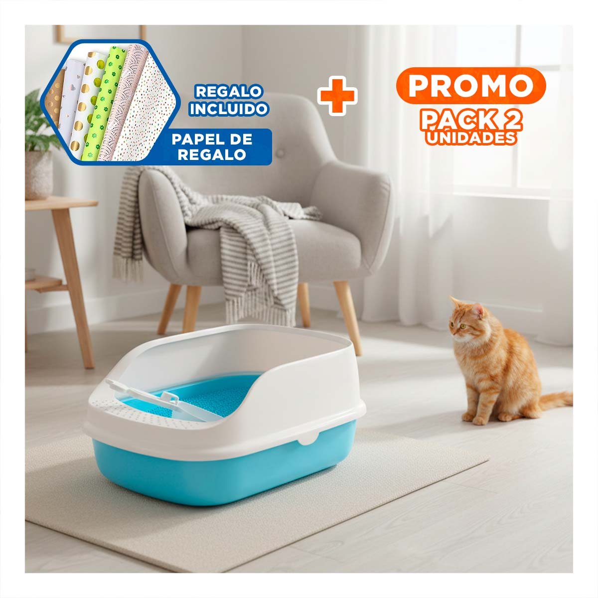 PACK2 CONTENEDOR DE ARENA SEMI ALTO FACIL DE LIMPIAR 37,7X50X21CM CELESTE Y+PAPEL REGALO - 1