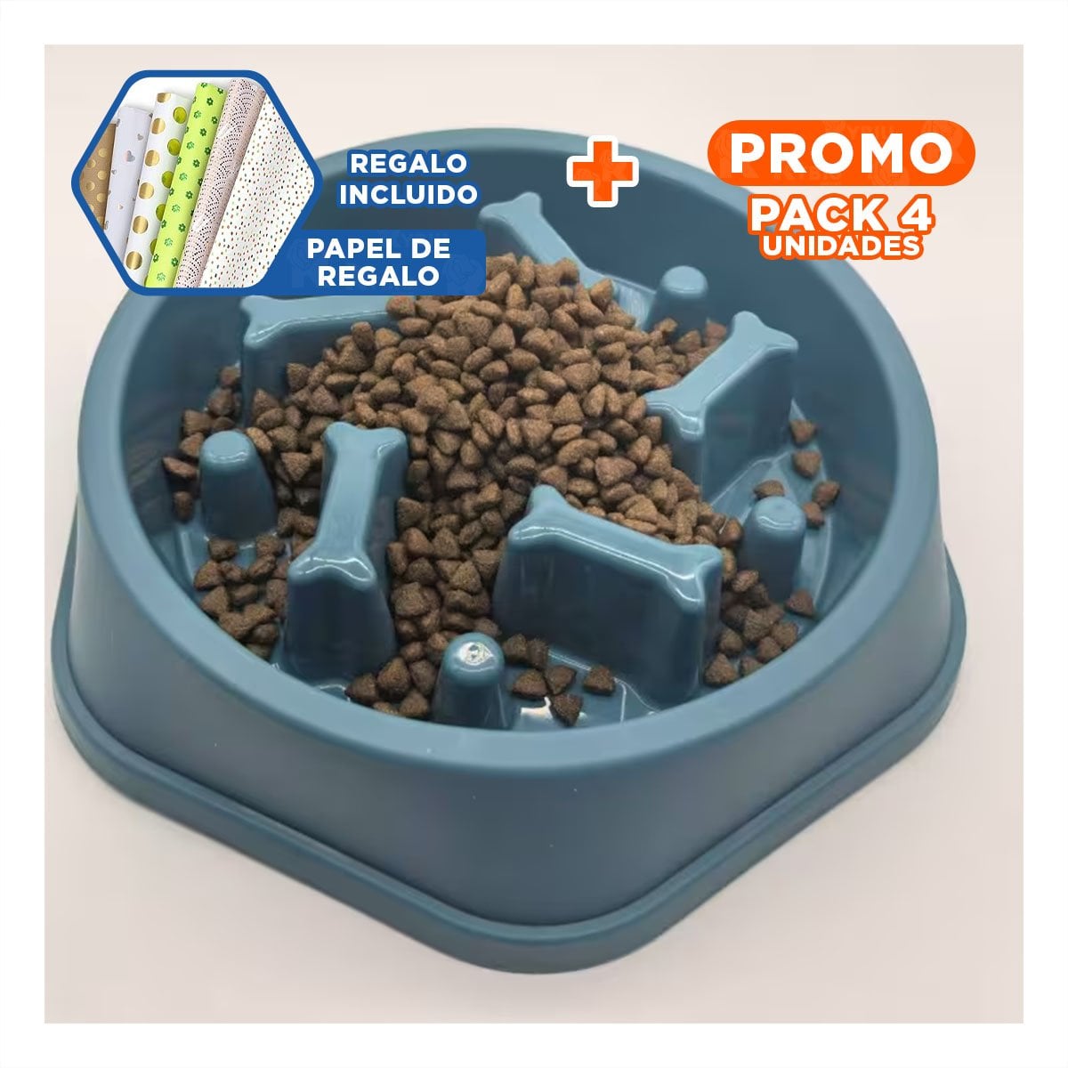 PACK4 FUENTE PARA JUGAR Y COMER MASCOTAS TIPO HUESITOS EXAGONAL AZUL Y+PAPEL REGALO - 1