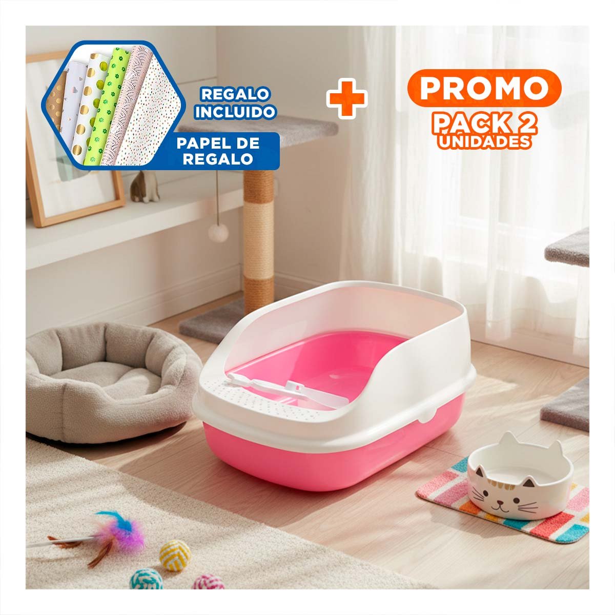 PACK2 CONTENEDOR DE ARENA SEMI ALTO FACIL DE LIMPIAR 37,7X50X21CM CELESTE Y+PAPEL REGALO - 1
