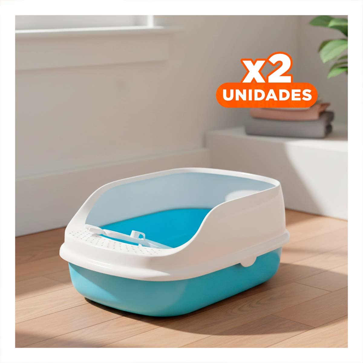 PACK2 CONTENEDOR DE ARENA RESISTENTE Y SEGURO PARA GATOS 37,7X50X21CM CELESTE Y+REGALO STICKER - 1