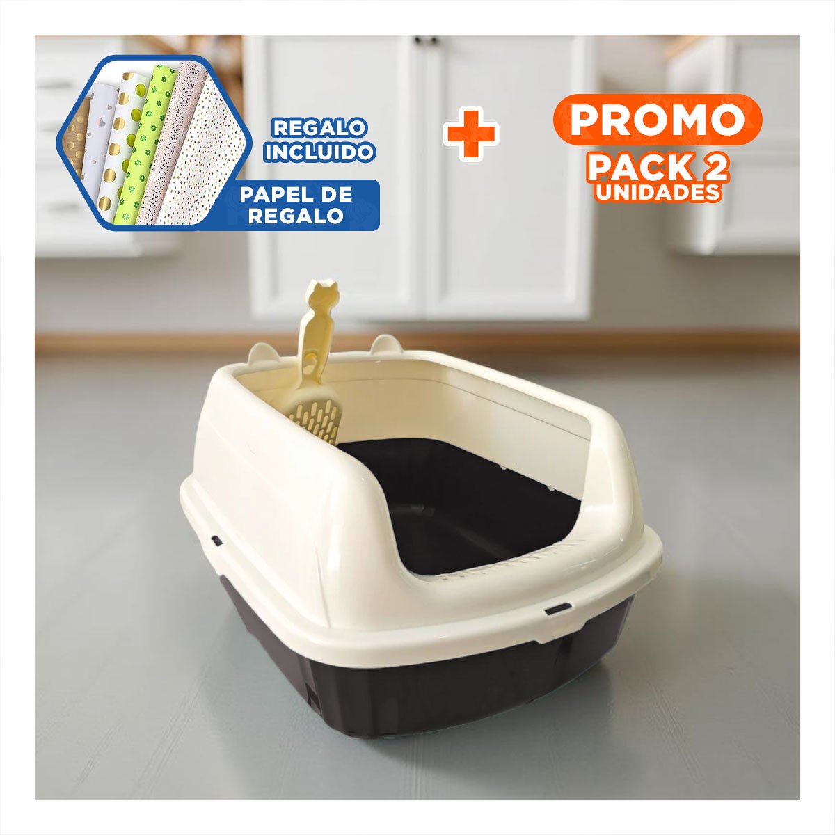 PACK2 CONTENEDOR DE ARENA SEMI ALTO FACIL DE LIMPIAR 37,7X50X21CM CELESTE Y+PAPEL REGALO - 1