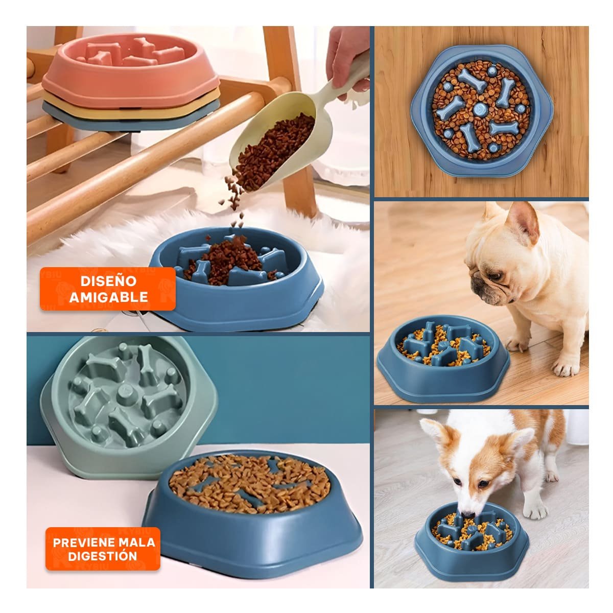 PACK4 CUENCO QUE ESTIMULA HABILIDADES COGNITIVAS DE PERROS EXAGONAL AZUL Y+REGALO STICKER - 2