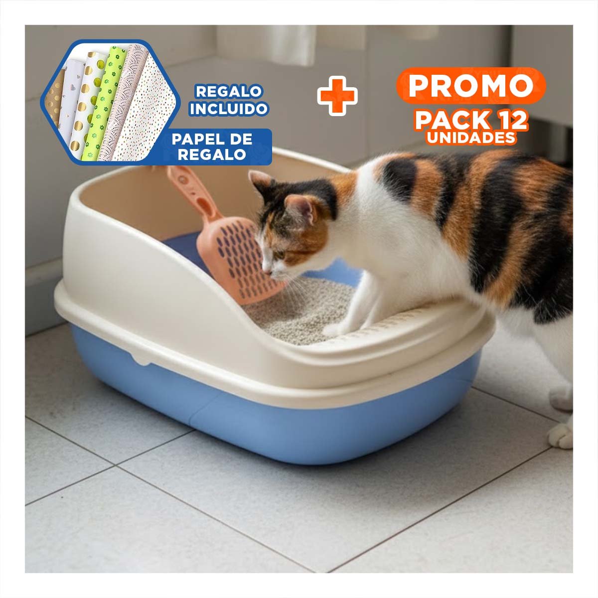 PACK12 CUBETA DE ARENA ESPACIOSA Y SEGURA PARA GATOS 37,7X50X21CM CELESTE Y+PAPEL REGALO - 1