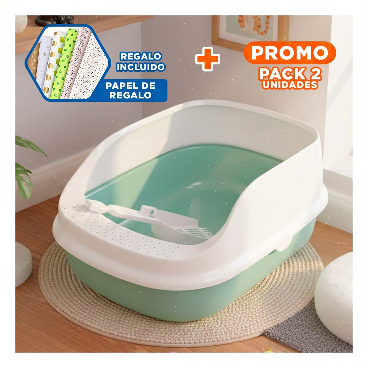 PACK2 CONTENEDOR DE ARENA SEMI ALTO FACIL DE LIMPIAR 37,7X50X21CM CELESTE Y+PAPEL REGALO - 1