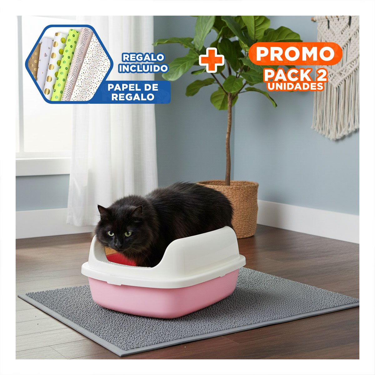 PACK2 CONTENEDOR DE ARENA SEMI ALTO FACIL DE LIMPIAR 37,7X50X21CM CELESTE Y+PAPEL REGALO - 1