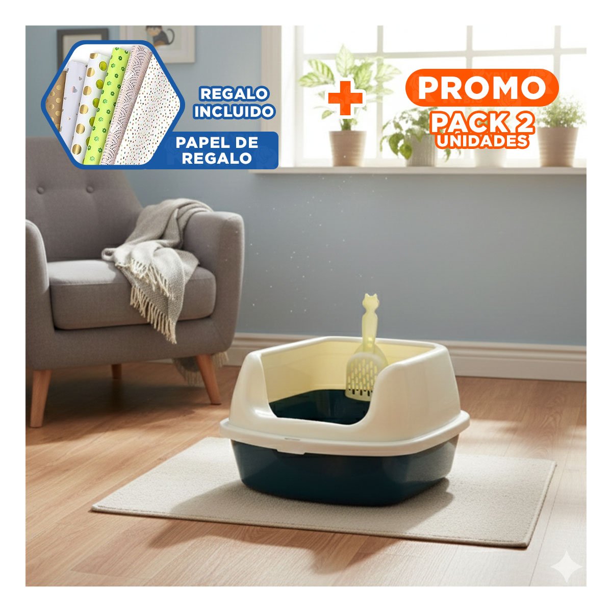 PACK2 CONTENEDOR DE ARENA SEMI ALTO FACIL DE LIMPIAR 37,7X50X21CM CELESTE Y+PAPEL REGALO - 1