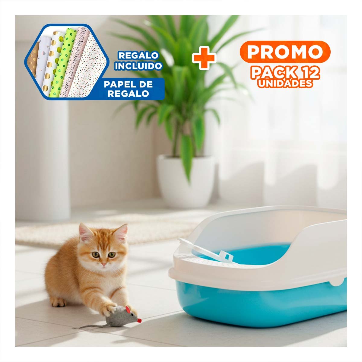PACK12 CUBETA DE ARENA ESPACIOSA Y SEGURA PARA GATOS 37,7X50X21CM CELESTE Y+PAPEL REGALO - 1