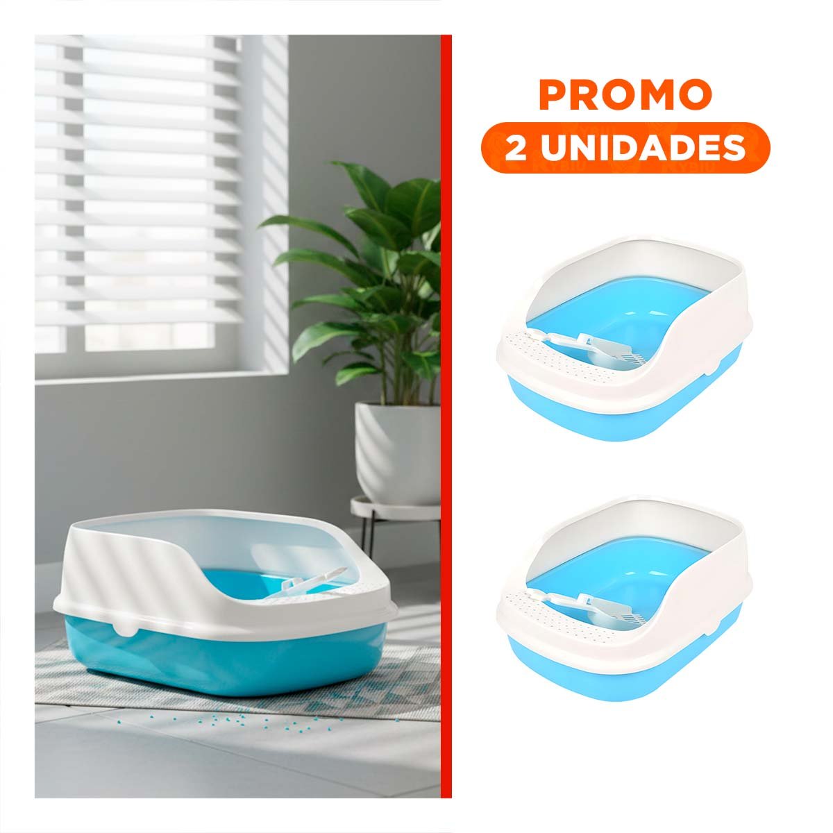 PACK2 CONTENEDOR DE ARENA COMODO Y AMPLIO PARA MASCOTAS 37,7X50X21CM CELESTE - 1