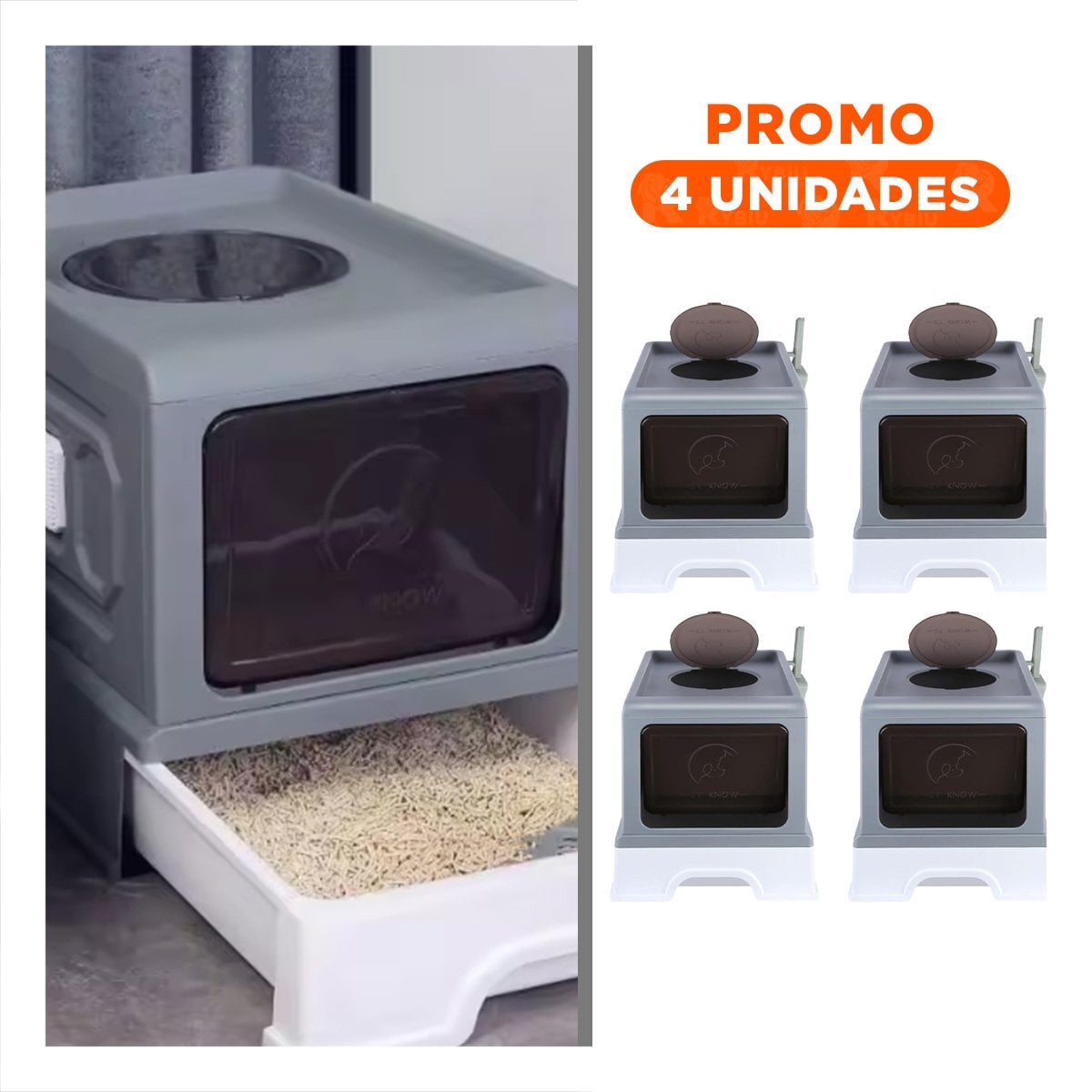 PACK4 CONTENEDOR DE ARENA CERRADO CON ACCESO COMODO PARA GATOS PLOMO Y+REGALO STICKER - 1