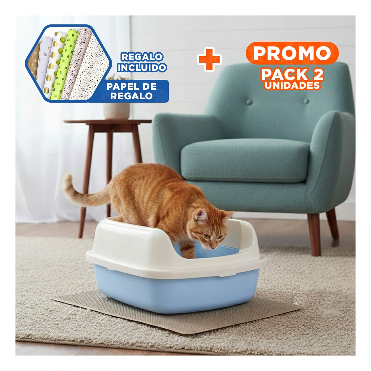PACK2 CONTENEDOR DE ARENA SEMI ALTO FACIL DE LIMPIAR 37,7X50X21CM CELESTE Y+PAPEL REGALO - 1