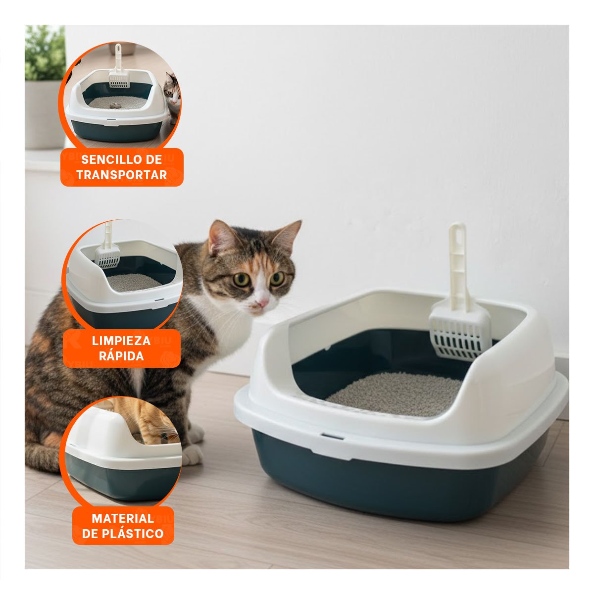 DEPOSITO DE ARENA ESPACIOSO Y COMODO PARA MASCOTAS 37,7X50X21CM CELESTE - 3