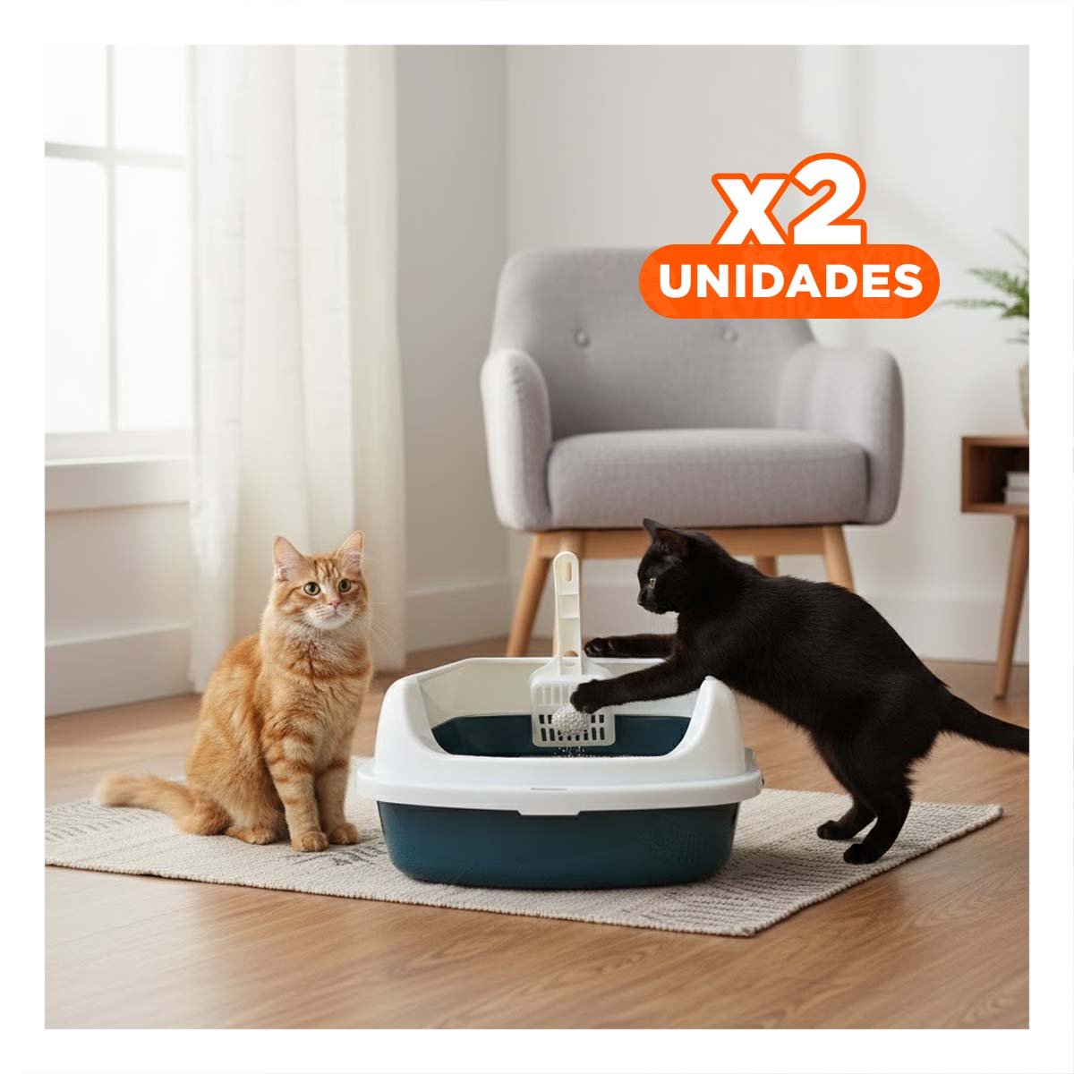 PACK2 CONTENEDOR DE ARENA RESISTENTE Y SEGURO PARA GATOS 37,7X50X21CM CELESTE Y+REGALO STICKER - 1
