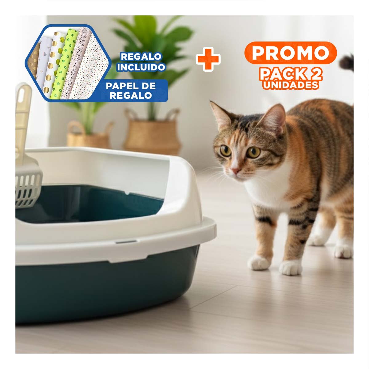 PACK2 CONTENEDOR DE ARENA SEMI ALTO FACIL DE LIMPIAR 37,7X50X21CM CELESTE Y+PAPEL REGALO - 1