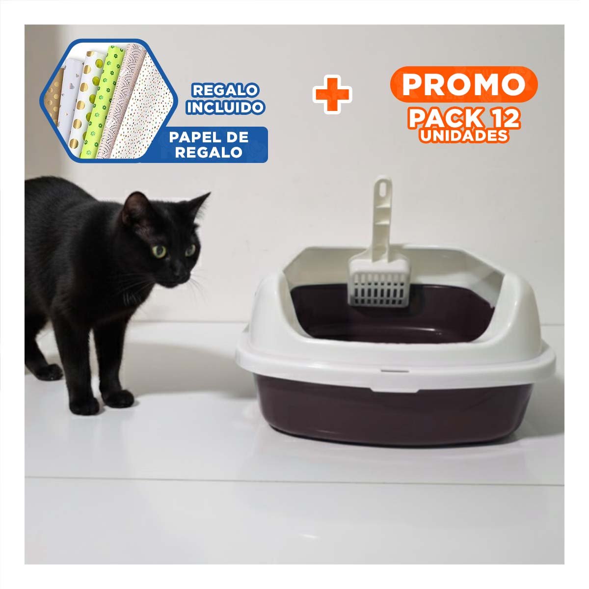 PACK12 CUBETA DE ARENA ESPACIOSA Y SEGURA PARA GATOS 37,7X50X21CM CELESTE Y+PAPEL REGALO - 1