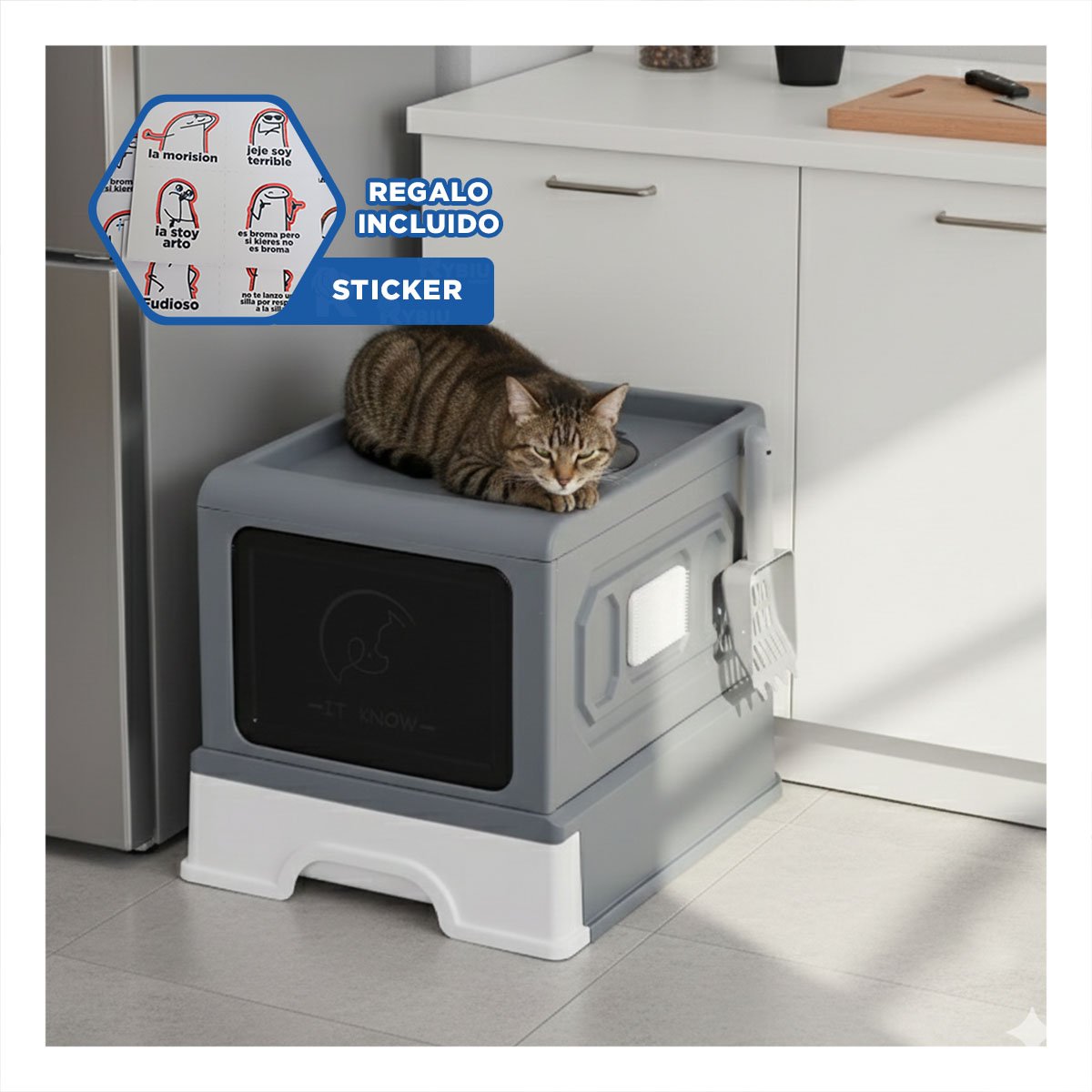 CAJA DE ARENA CERRADA PARA GATOS CON ACCESO COMODO PLOMO Y+REGALO STICKER - 1