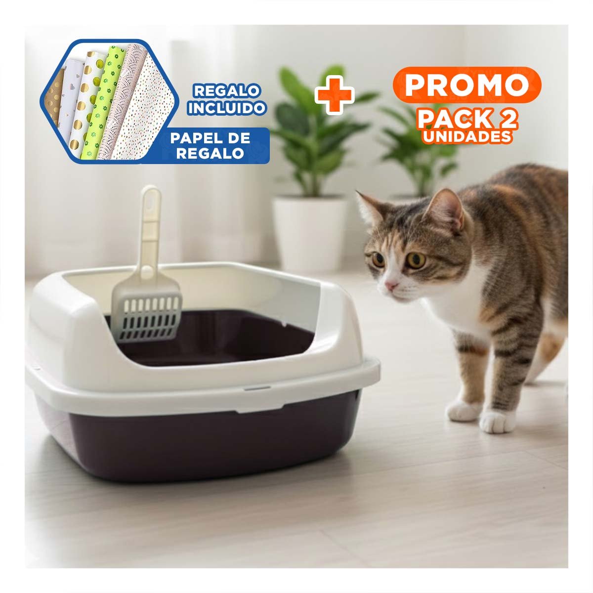 PACK2 CONTENEDOR DE ARENA SEMI ALTO FACIL DE LIMPIAR 37,7X50X21CM CELESTE Y+PAPEL REGALO - 1