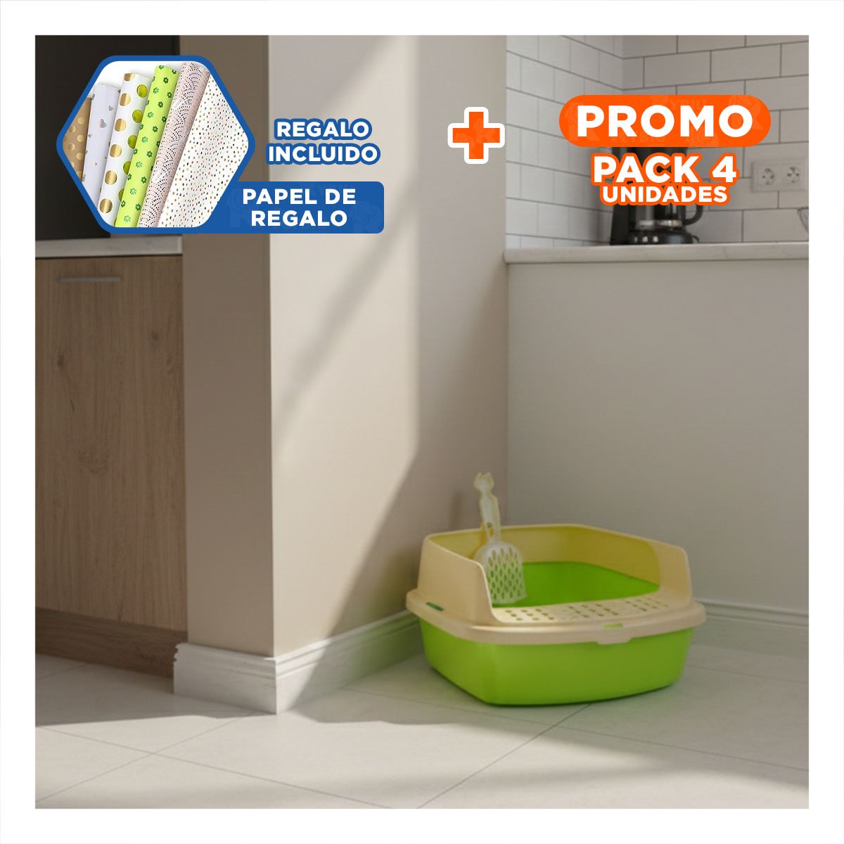 PACK4 BANDEJA SANITARIA ABIERTA QUE MANTIENE ARENA ORDENADA VERDE LIMÓN Y+PAPEL REGALO - 1