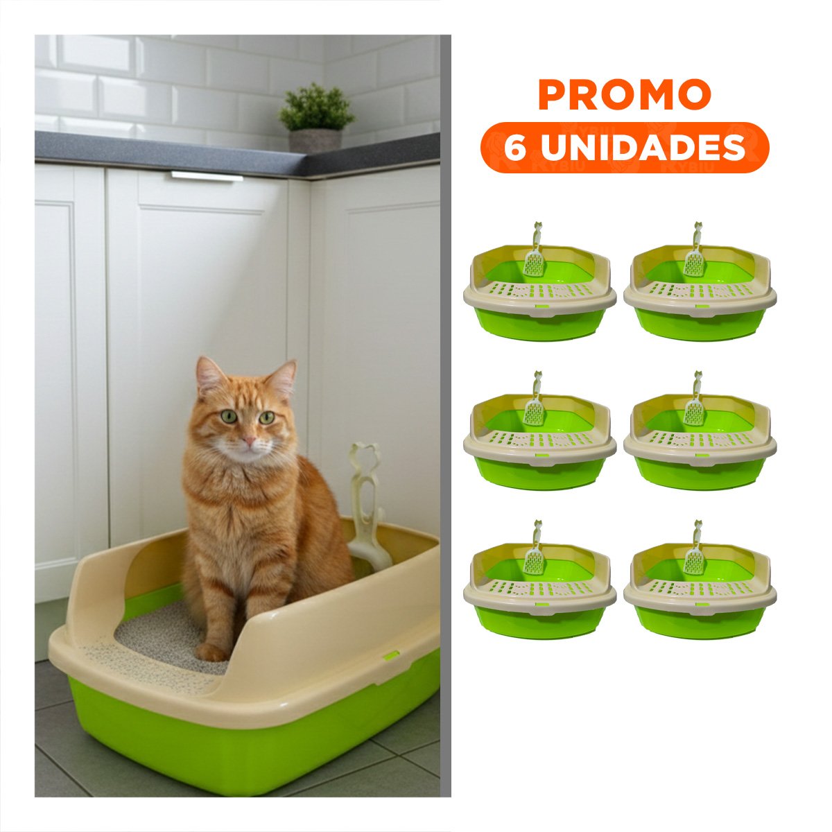 PACK6 CAJON DE ARENA ABIERTO QUE FACILITA USO DIARIO DE GATOS VERDE LIMÓN - 1