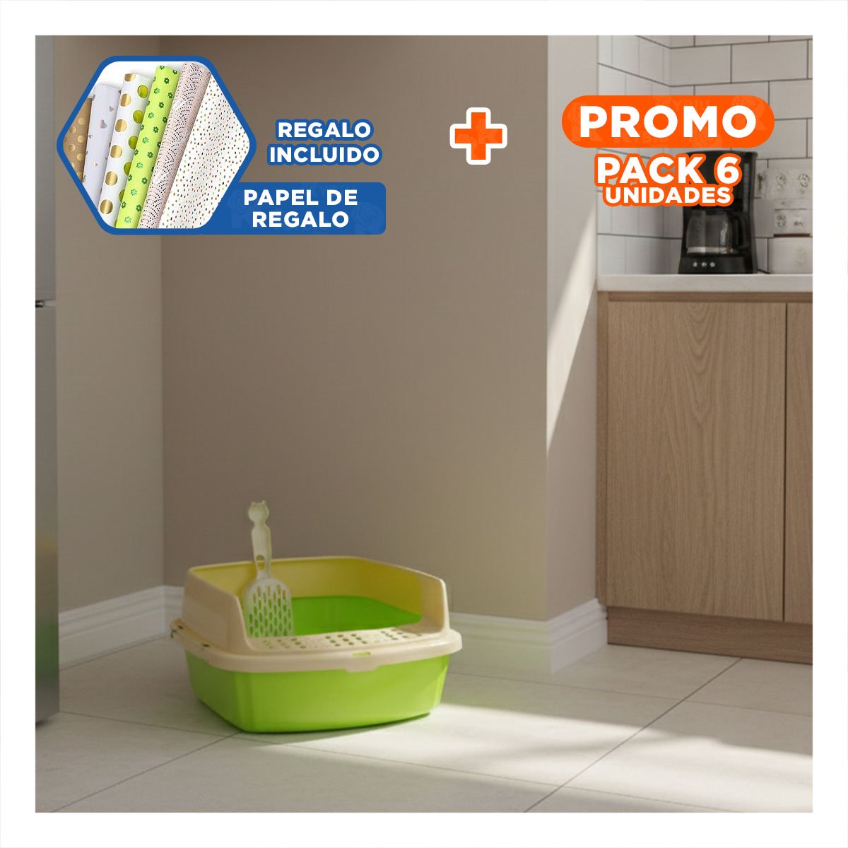PACK6 CAJON DE ARENA ABIERTO CON PALA PRÁCTICA Y ACCESO COMODO VERDE LIMÓN Y+PAPEL REGALO - 1